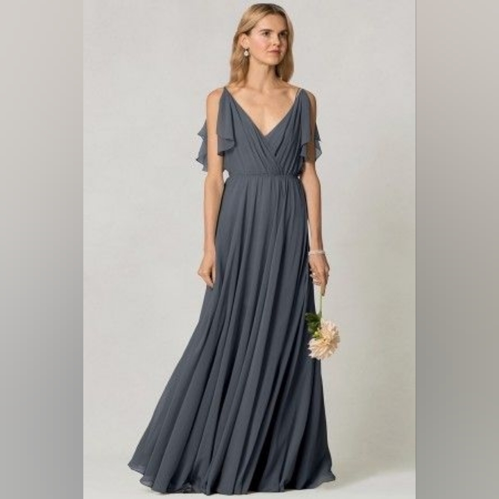 Jenny Yoo Cassie Flutter Sleeve Floor Length Dress Gray Bridesmaid Sz 16